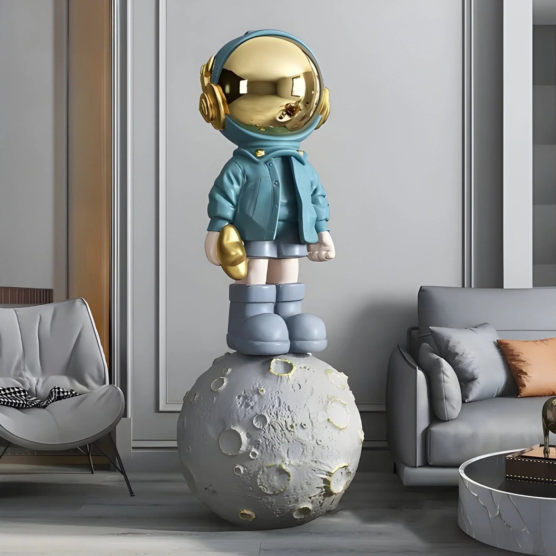 Large Galactic Blue Astronaut Beats On Moon Sculpture - 140cm - EveryEssential