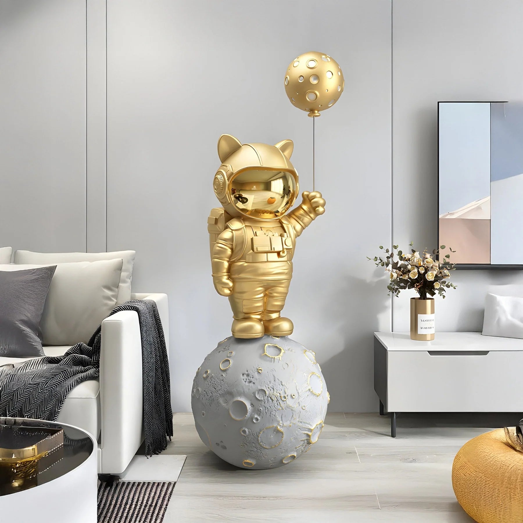Medium Gilded Gold Astronaut Kitty Moon Balloon Sculpture - 150cm